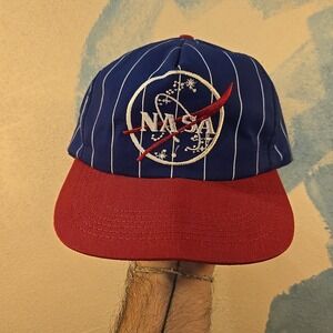 VTG NASA‎ Pinstripe AB Emblems Hat USA Blue Trucker Cap Red Bill Snapback OSFA